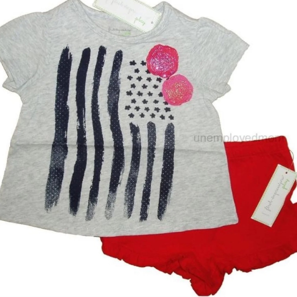 Girls Summer 2 pc Grey Tee Short Patriotic Shirt July 4 Holiday Top Labor Day